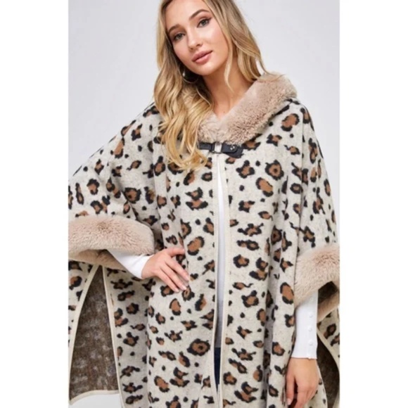 Taupe Faux Fur Trim Hooded Animal Leopard Print Soft Knit Poncho Coat - Picture 3 of 6